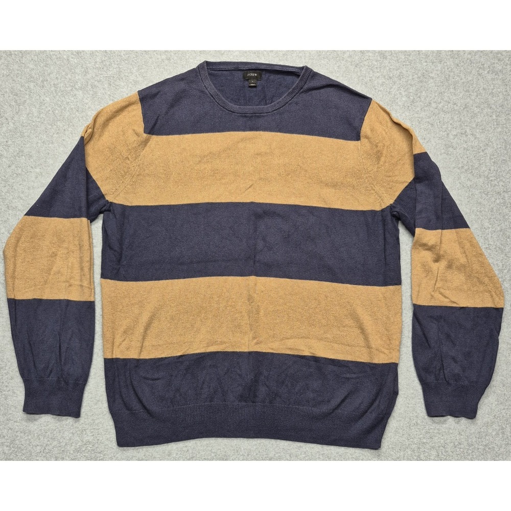 J. Crew Sweater Mens L Blue Tan Striped Cashmere Blend Knit Crewneck Preppy